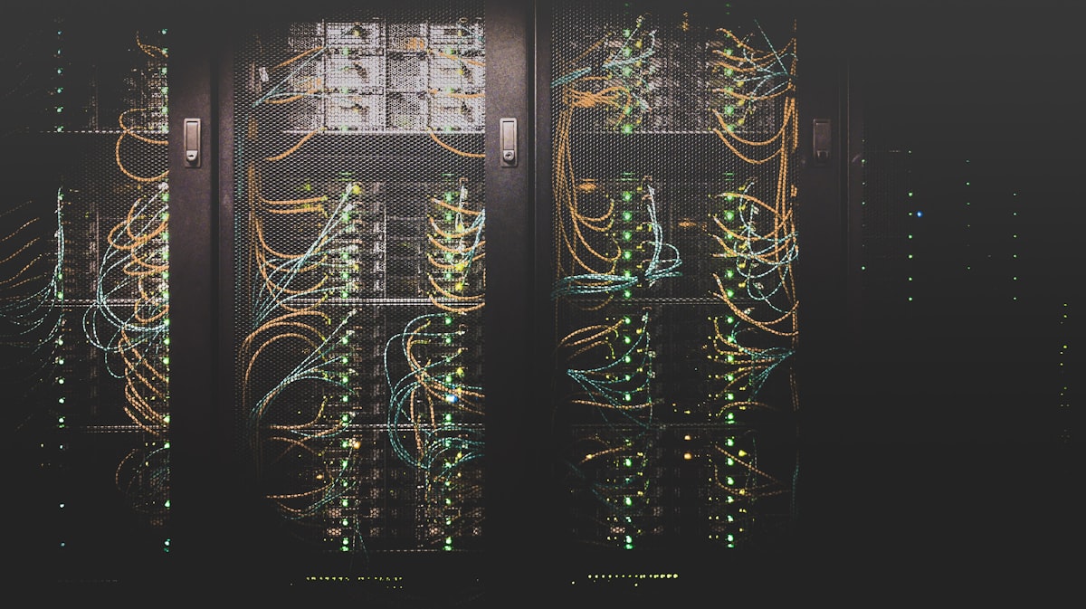 A data center corridor lined with racks forming a large GPU cluster