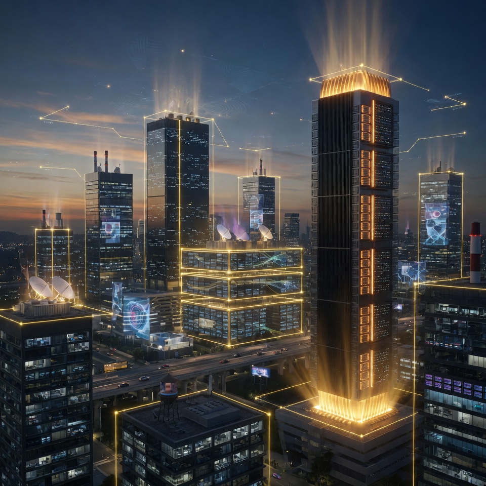 U.S. AI data center skyline at night powering the artificial intelligence economy