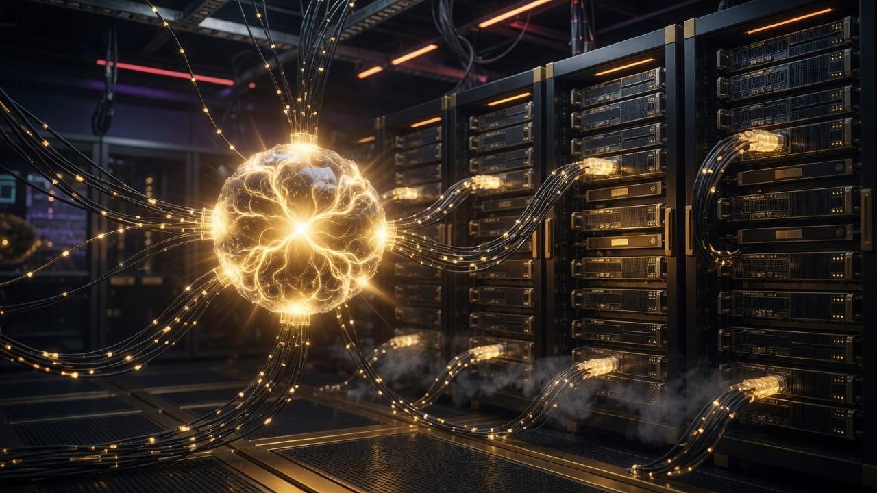 Neural network visualization over fiber-optic AI servers representing AI GPU infrastructure