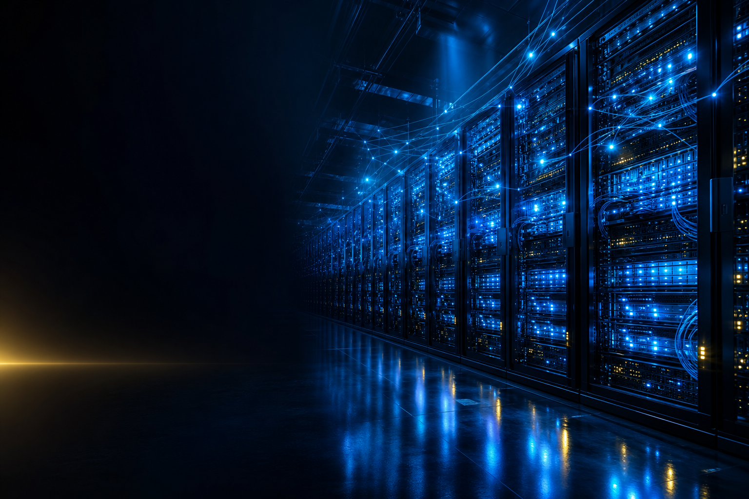 Rows of glowing NVIDIA-powered GPU server racks receding into a U.S. AI data center hall, lit blue with fiber-optic network connections