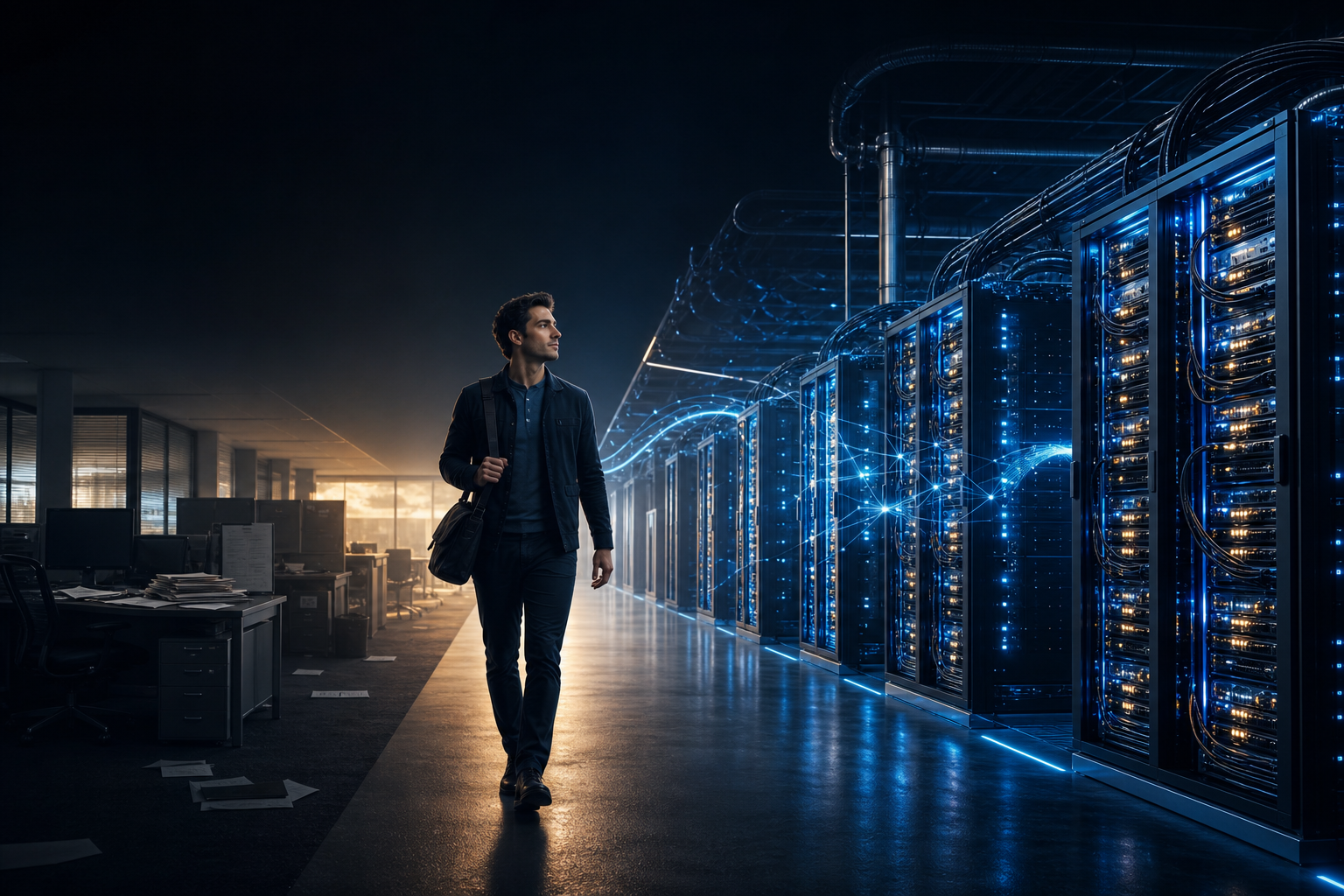 Professional walking from the old work economy toward glowing NVIDIA GPU server racks in a U.S. AI data center
