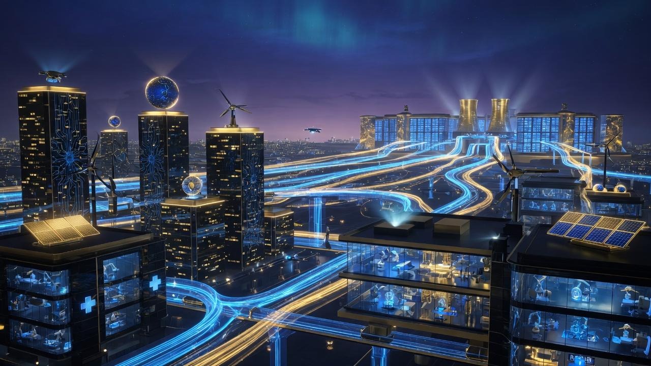 A city power grid glowing at night, representing the electricity that AI data centers consume