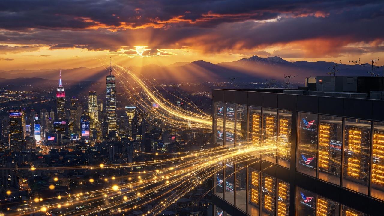 American AI infrastructure and data center buildings at sunset behind a city skyline
