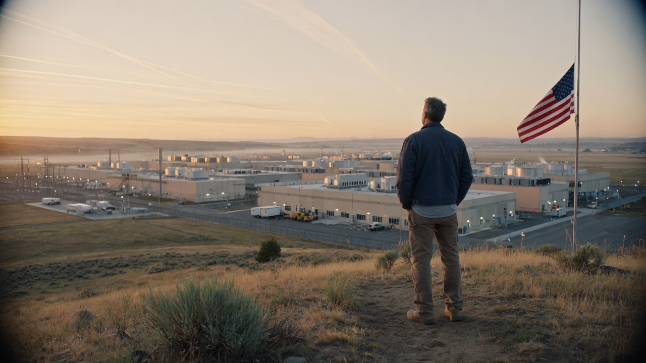 American worker at sunrise looking out toward a modern U.S. data-center campus