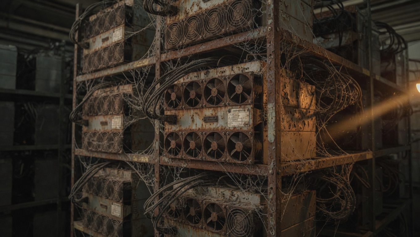 Single-purpose ASIC Bitcoin mining rig stacked in a dim industrial warehouse, locked to one blockchain algorithm