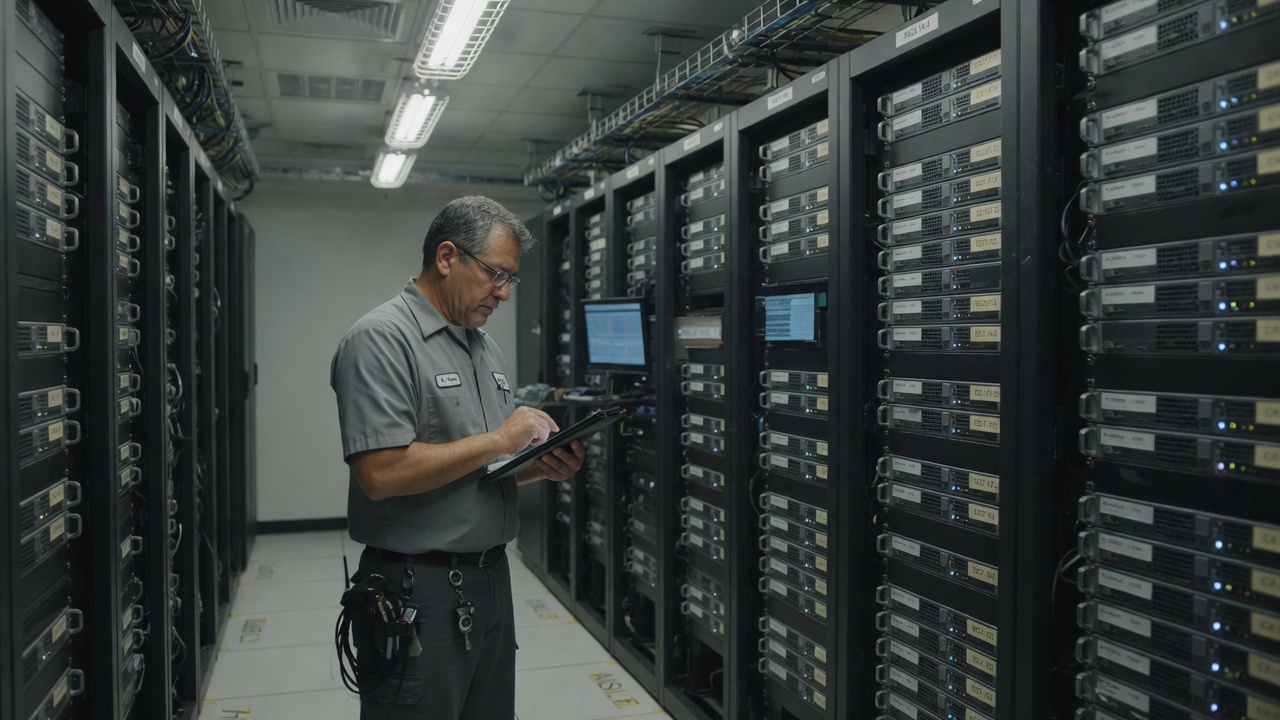Experienced data-center engineer reviewing equipment status inside a working server room
