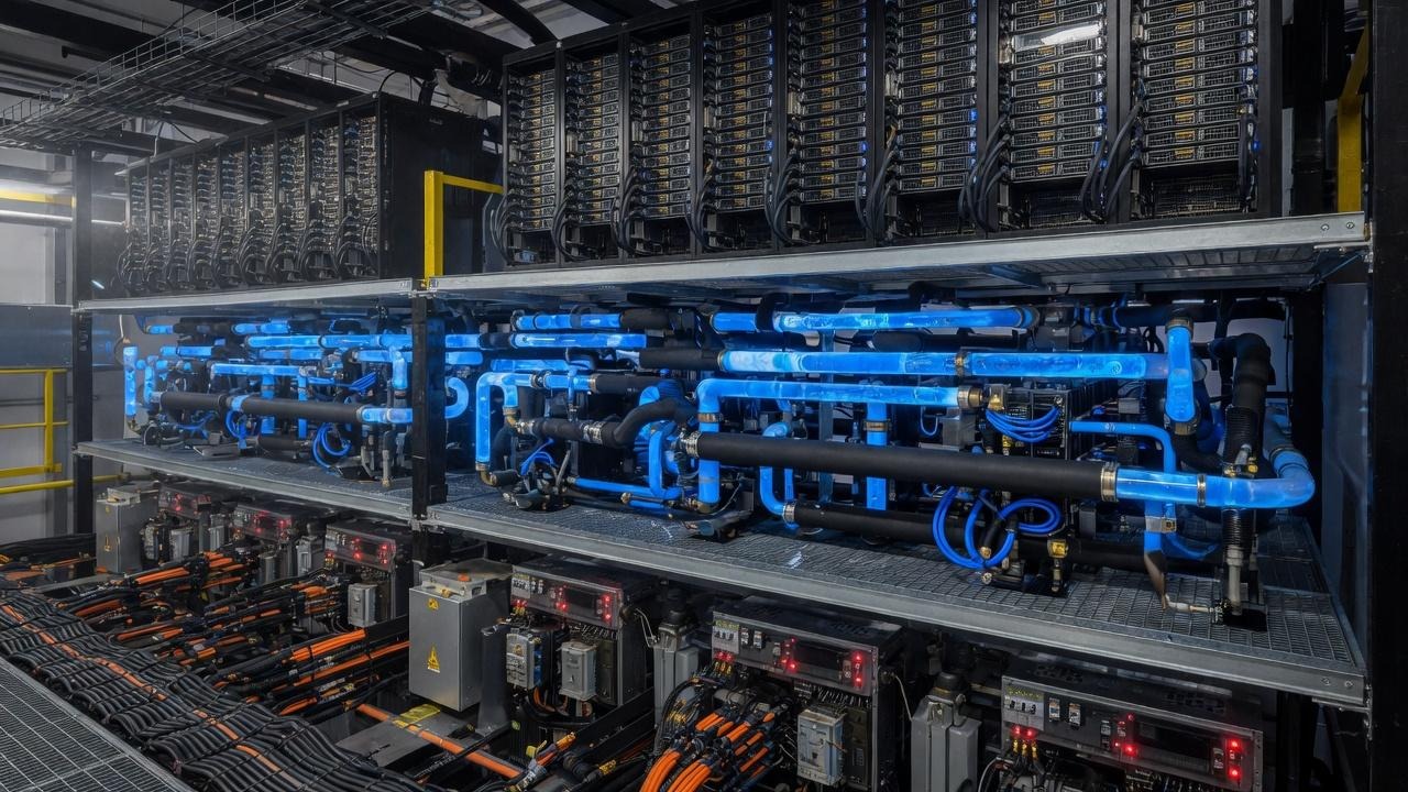 Liquid cooling pipes carrying coolant to dense GPU compute hardware in a data center