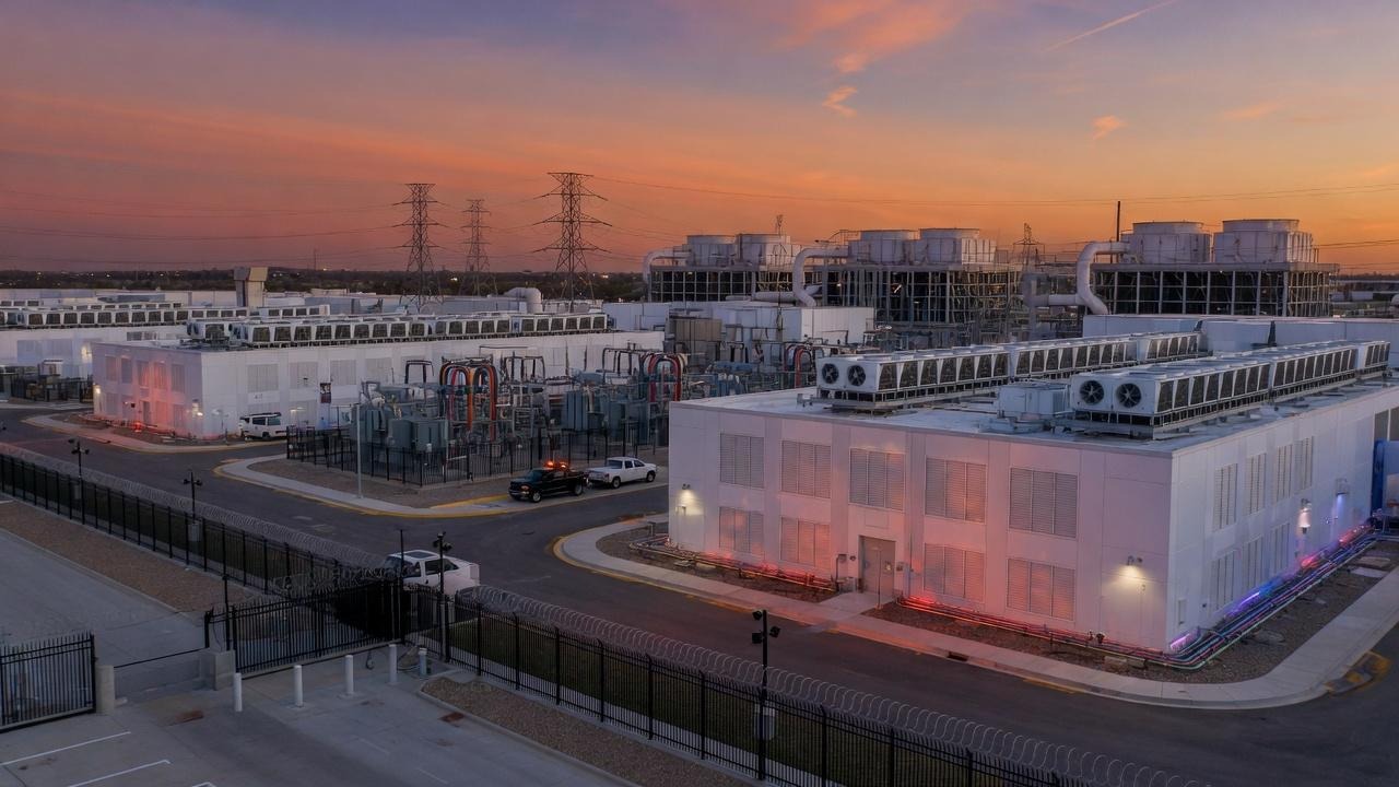 Professional U.S. data center campus at sunset hosting NVIDIA GPU hardware