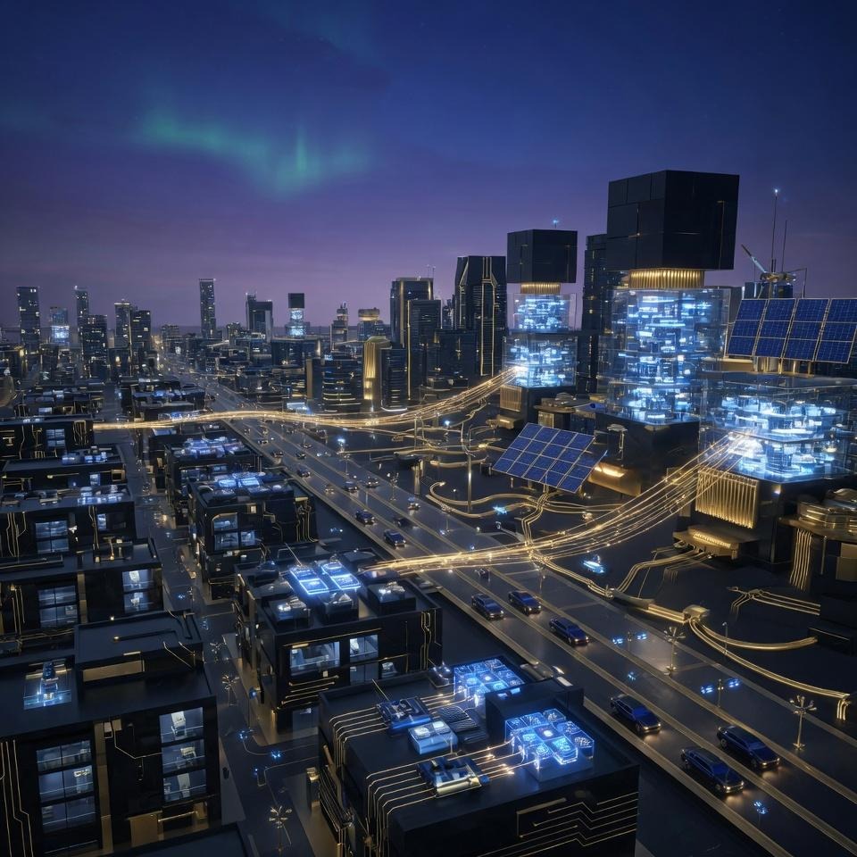 A sustainable AI city powered by solar energy under an aurora, representing scarcity and timing in infrastructure